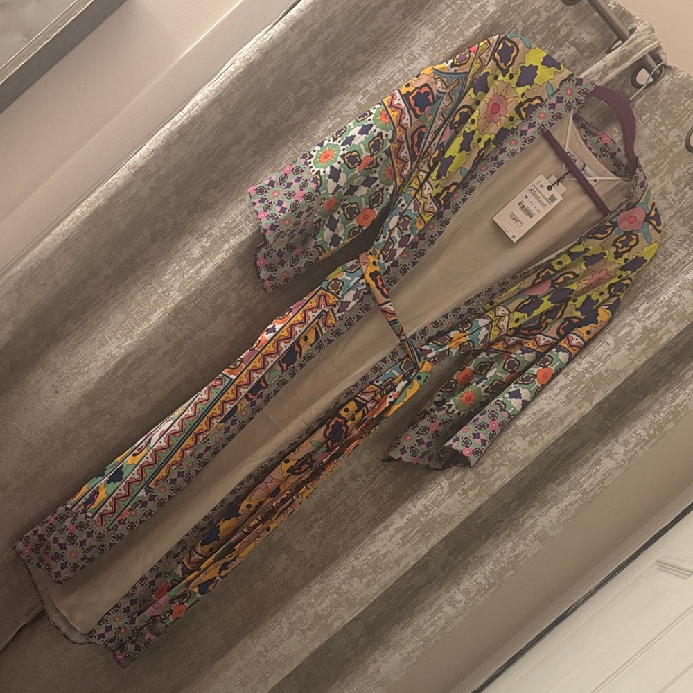 Zara Multicolor Floral & Geometric Print Long Kimono